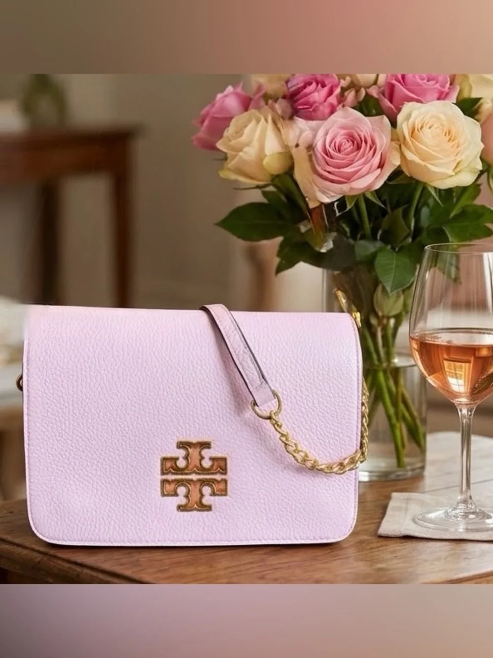 Tory Burch Britten Convertible Leather Shoulder Bag Crossbody Pink Big Gold Logo